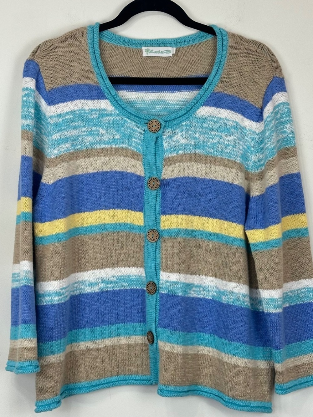 Lulu-B Womens Cotton Striped Long Sleeve Cardigan Sweater L Beach Nautical